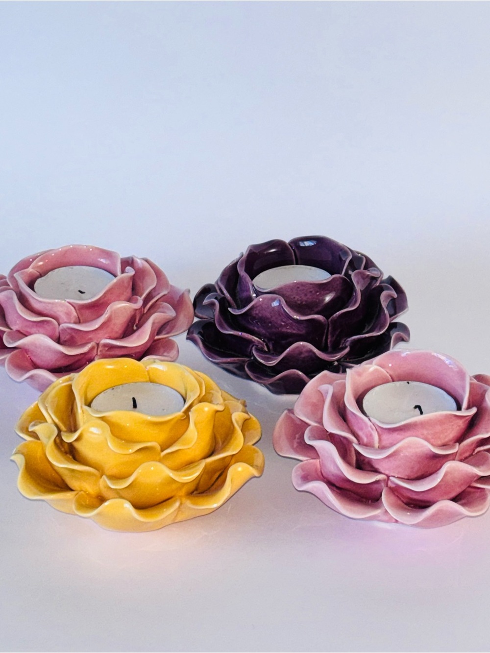Handcrafted Ceramic Flower Tealight Set - Yellow, Pink & Purple